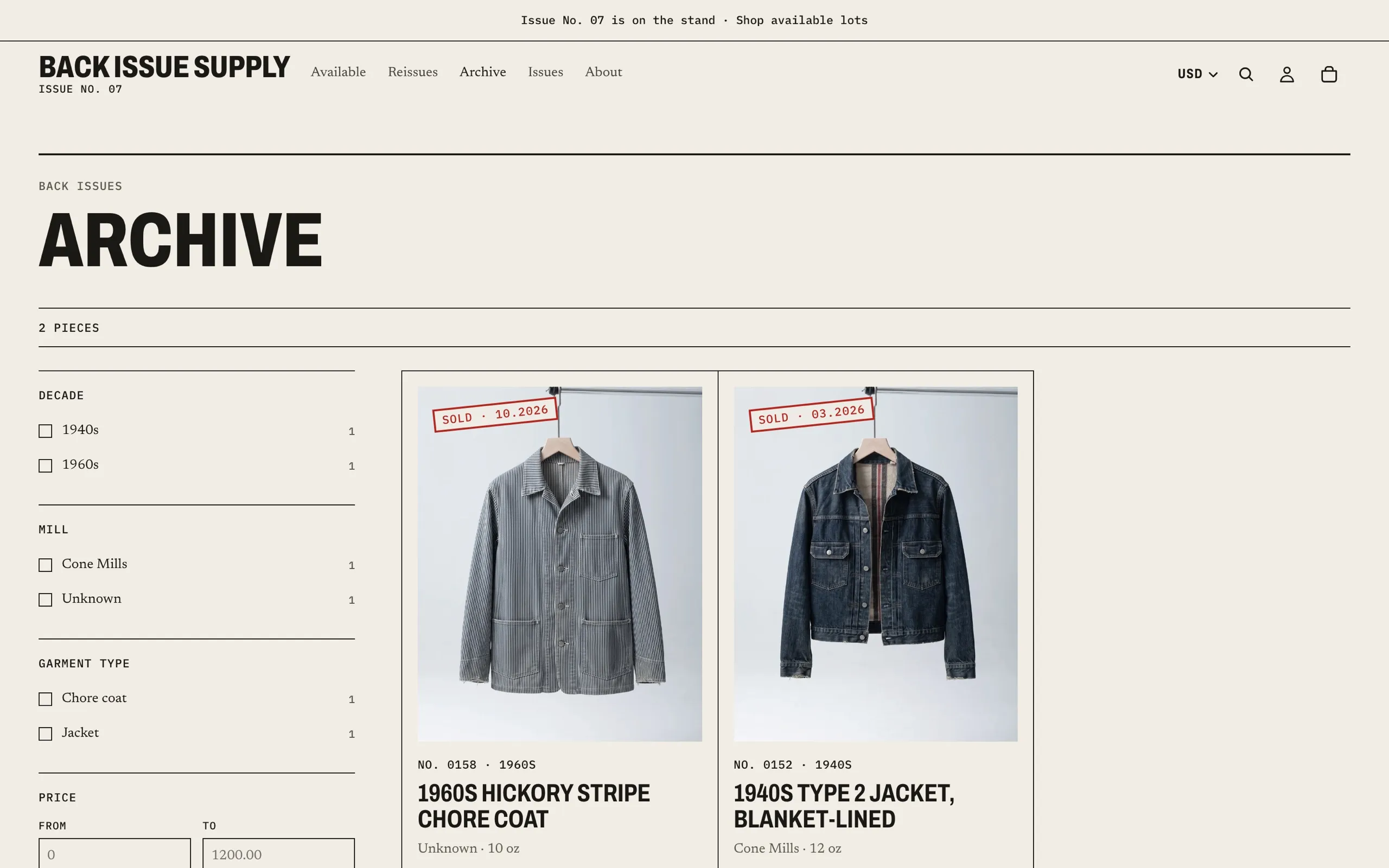 Back Issue Supply Archive: a grid of sold pieces stamped SOLD