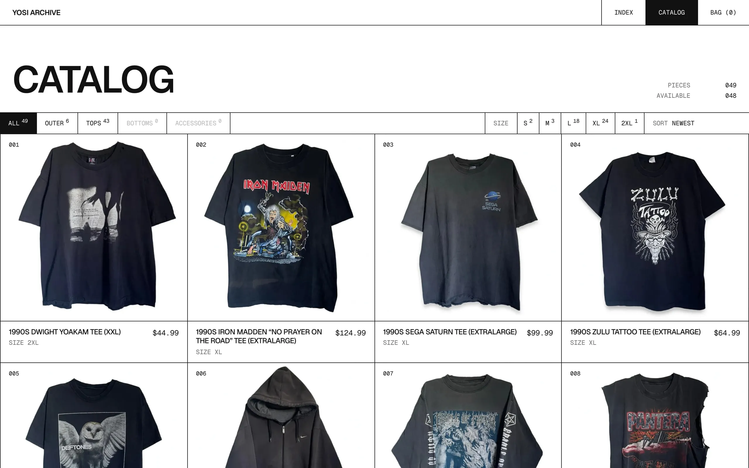YOSI Archive catalog grid of numbered vintage band tees.