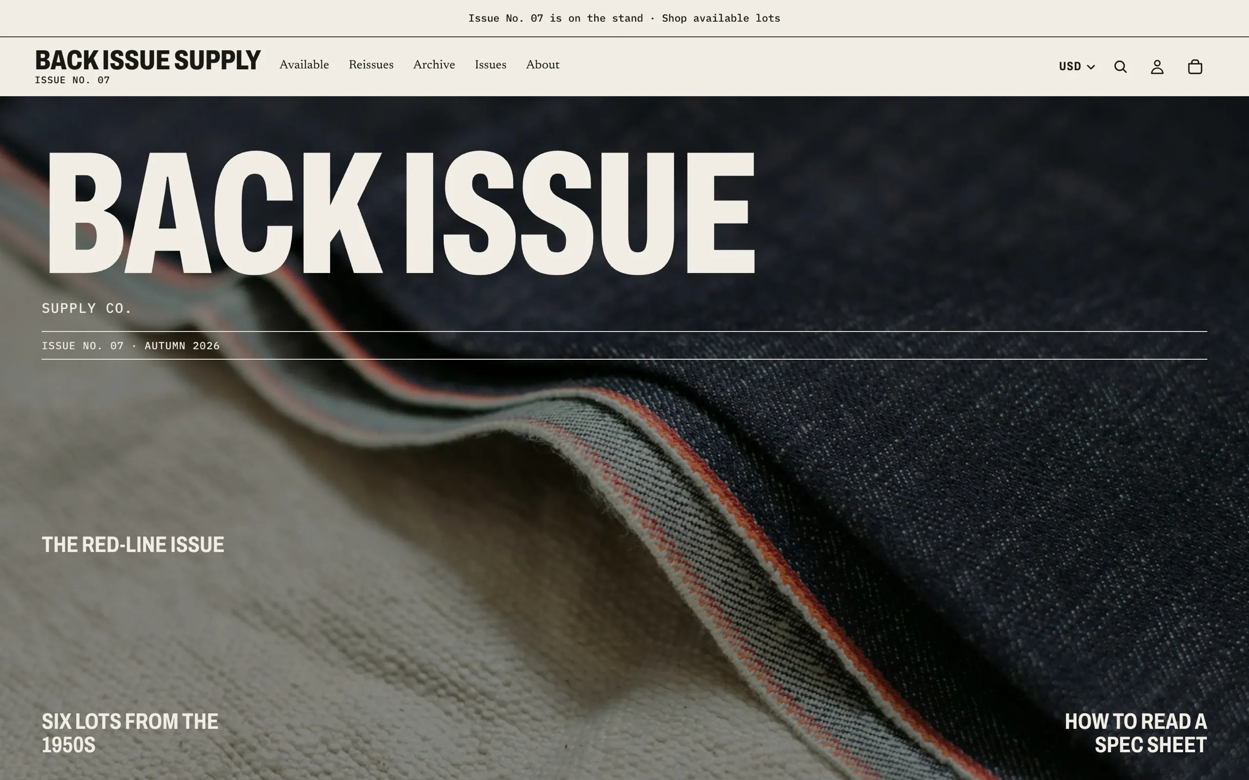 Back Issue Supply home page — a magazine-style issue cover over indigo denim