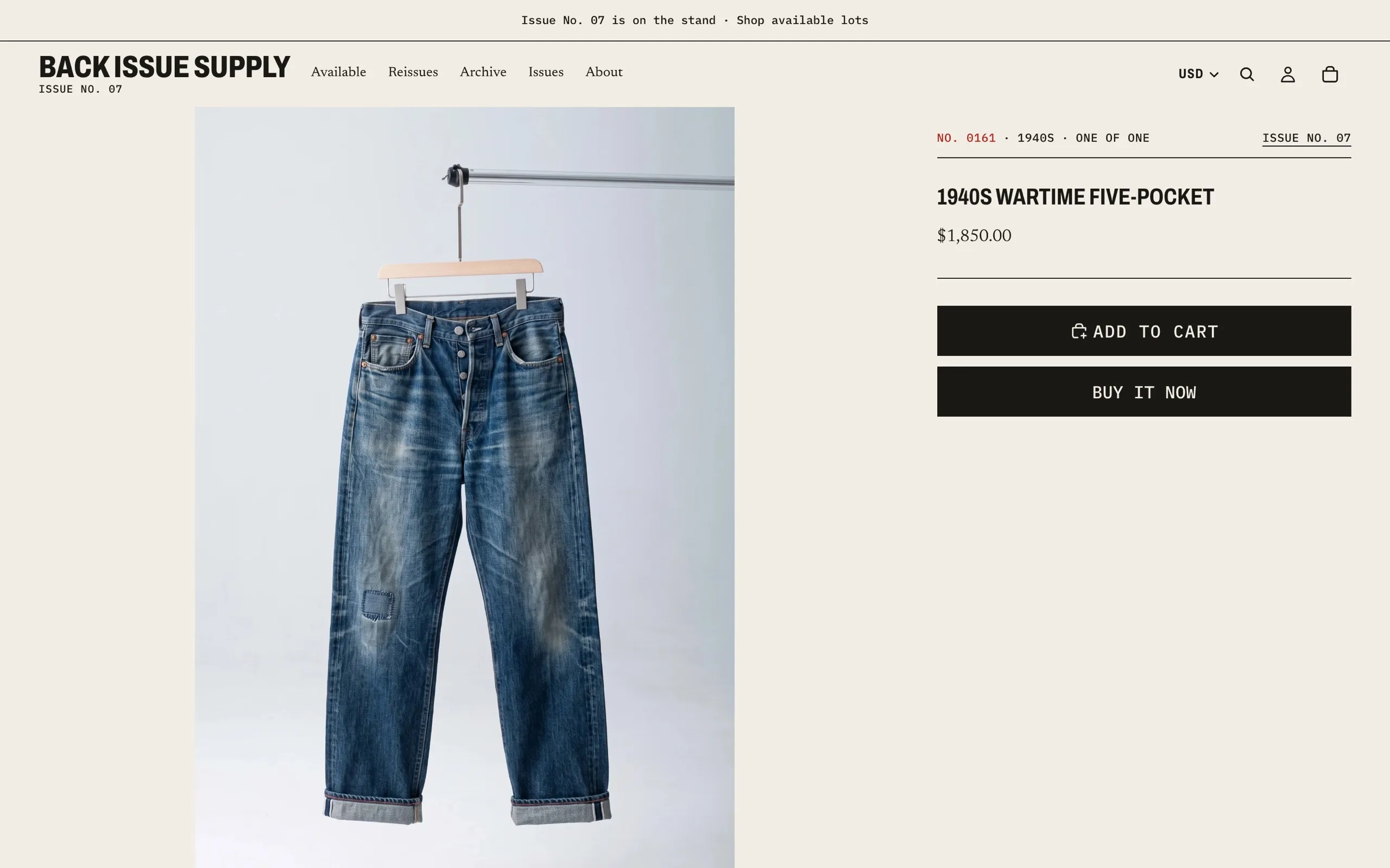 Back Issue Supply feature lot: a pair of jeans with numbered construction hotspots