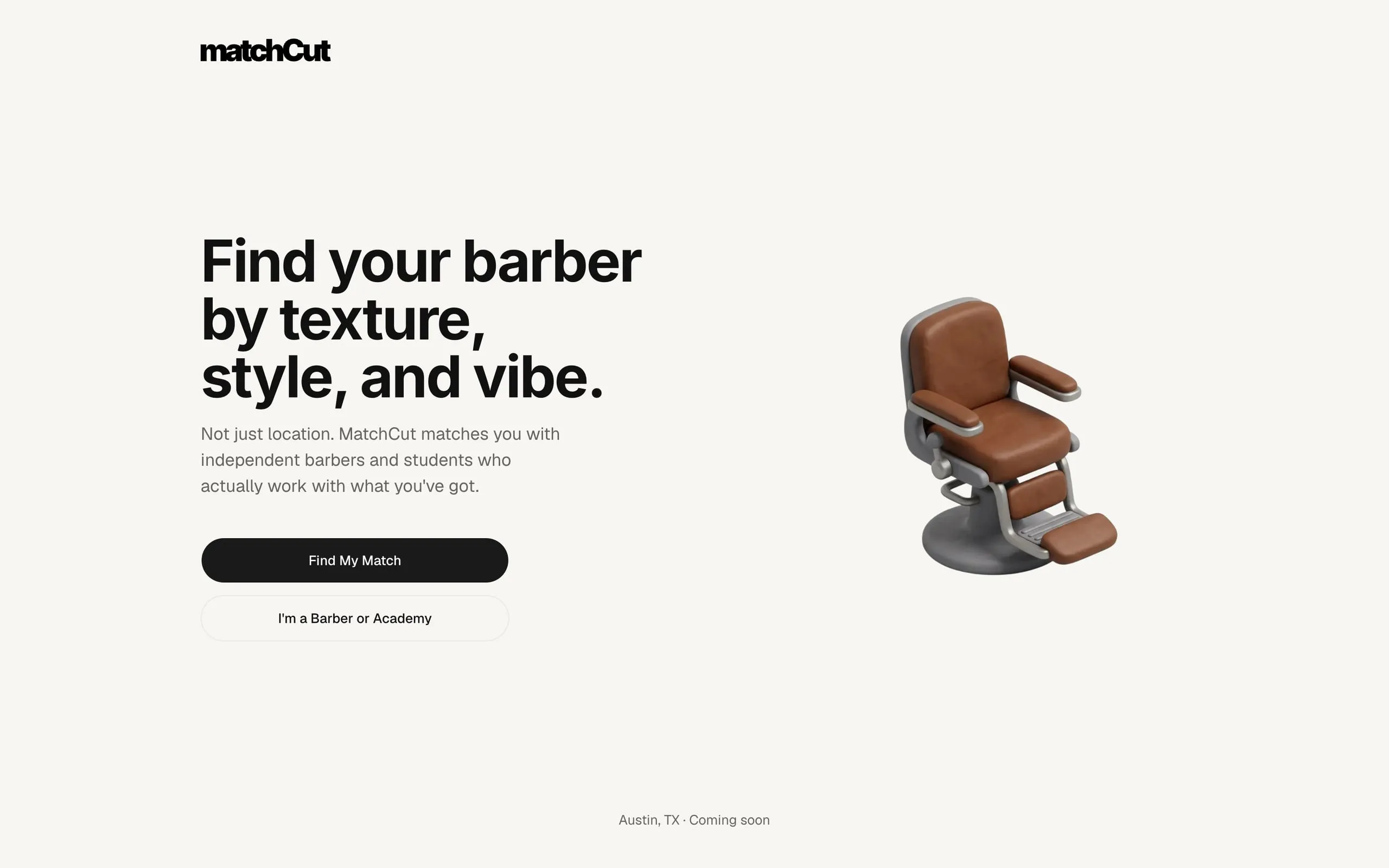 MatchCut landing page, "Find your barber by texture, style, and vibe" beside a barber chair.