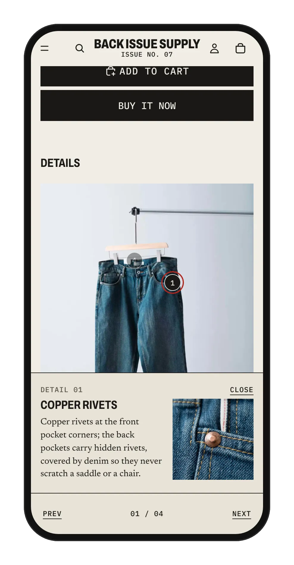Phone view of a lot page with a copper-rivet hotspot open.