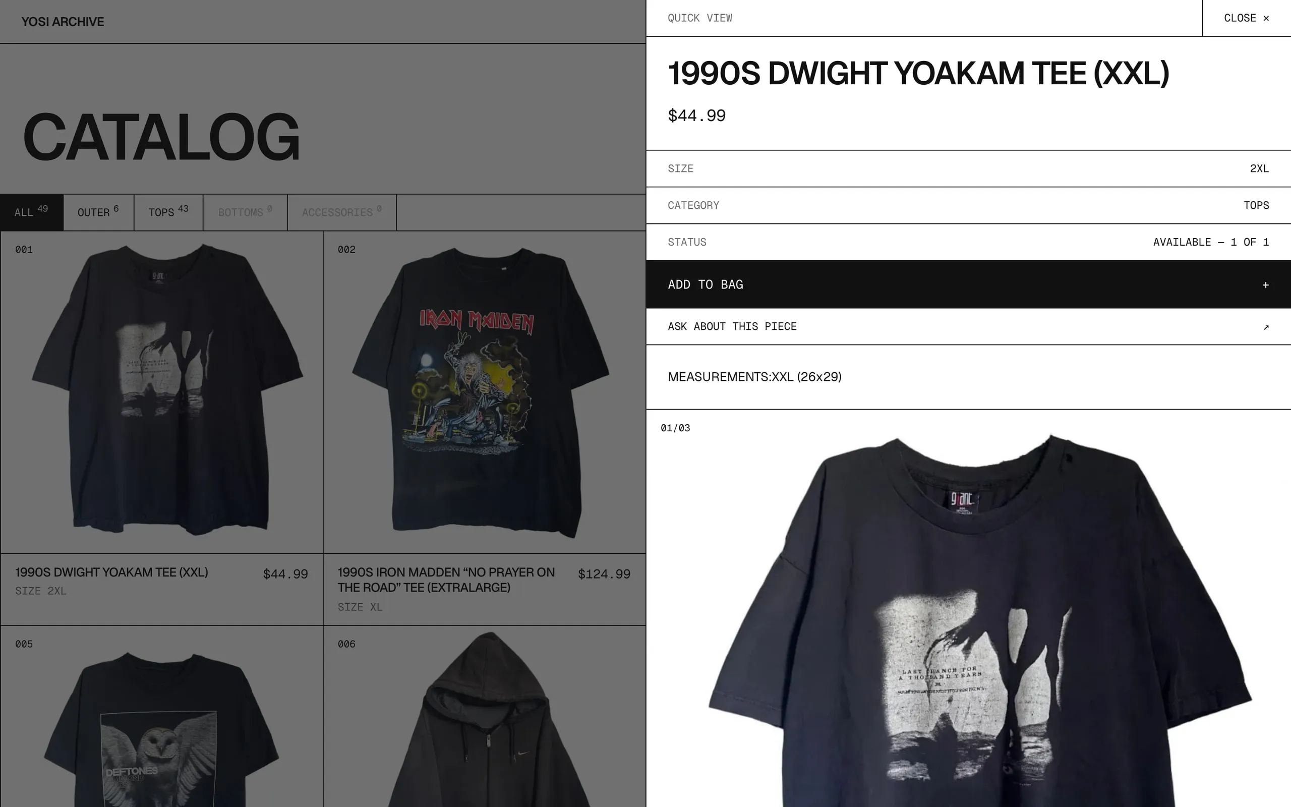 YOSI Archive quick-view drawer showing a single vintage piece beside the catalog