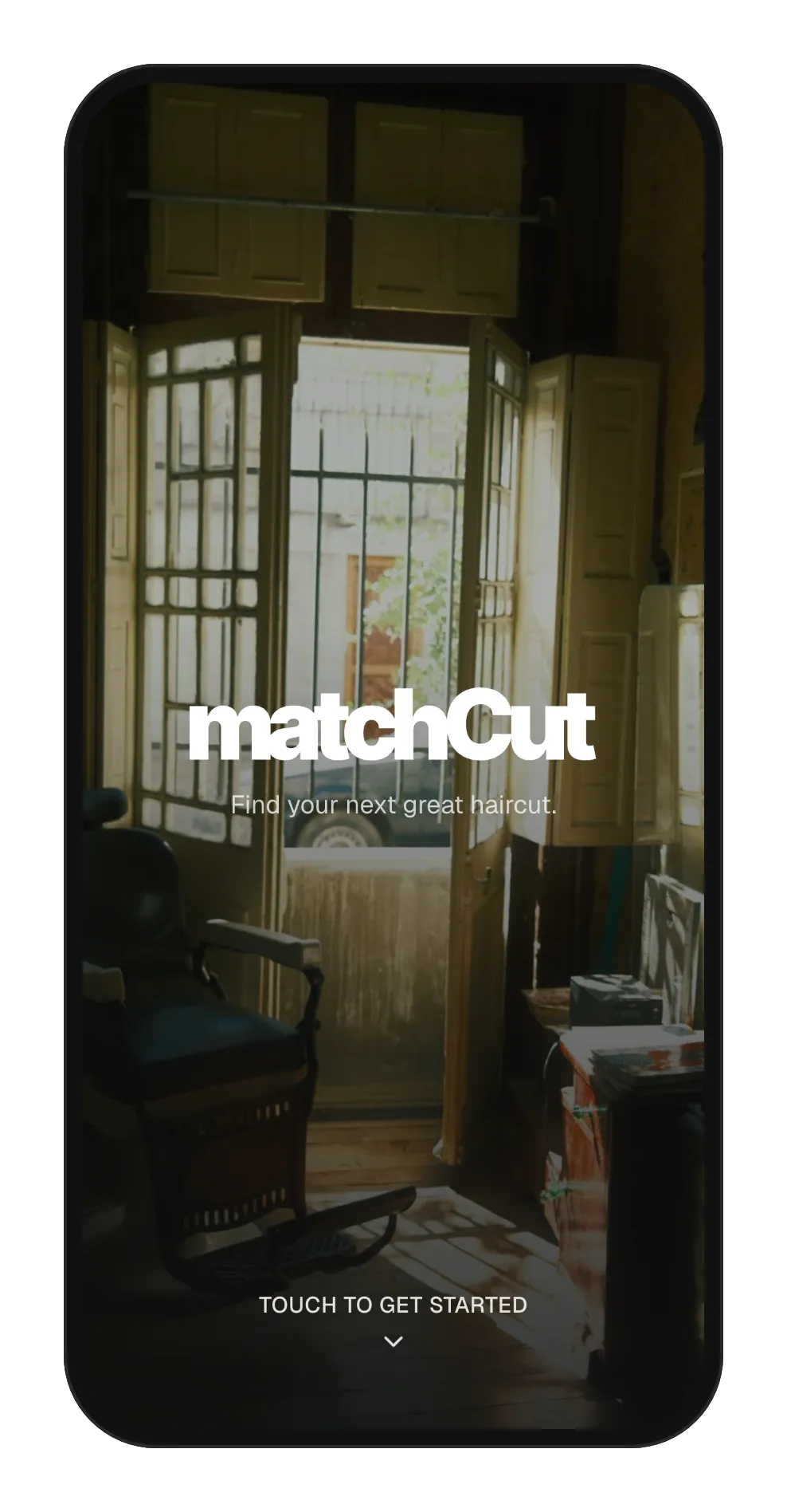 MatchCut splash screen, the wordmark over a barbershop photograph.